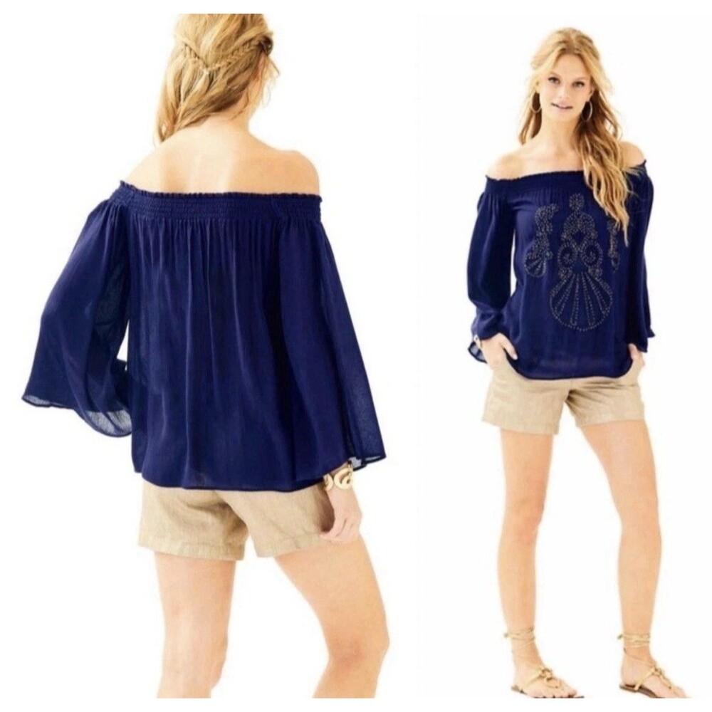Lilly Pulitzer Nita Top True Navy Off The Shoulder Boho Resort Beachy Gauze Wm M